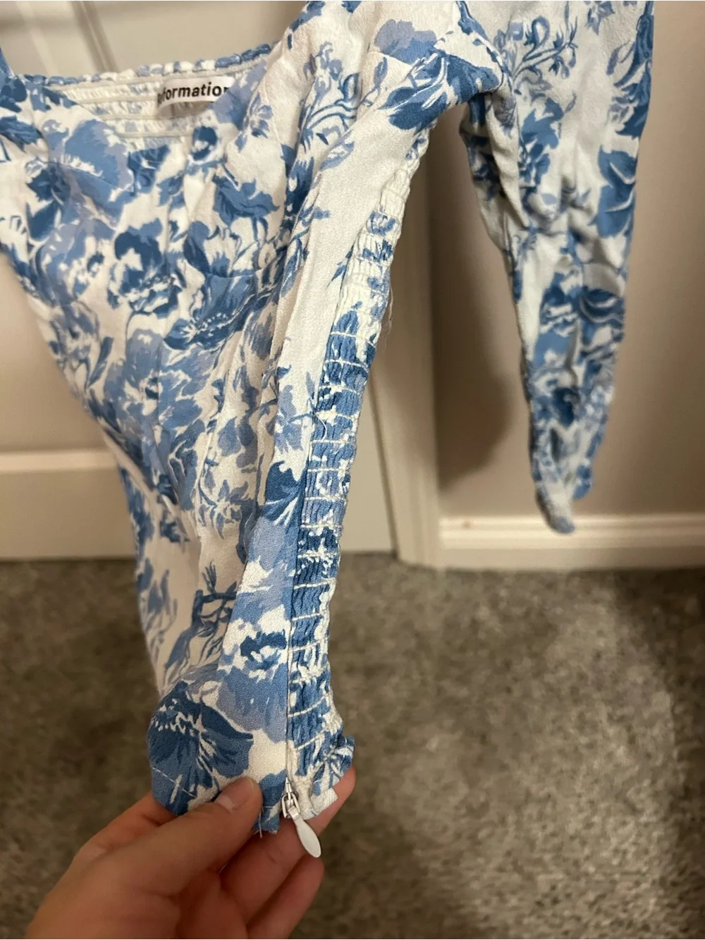 Reformation Blue and White Floral Square Neck Puff Sleeve Blouse